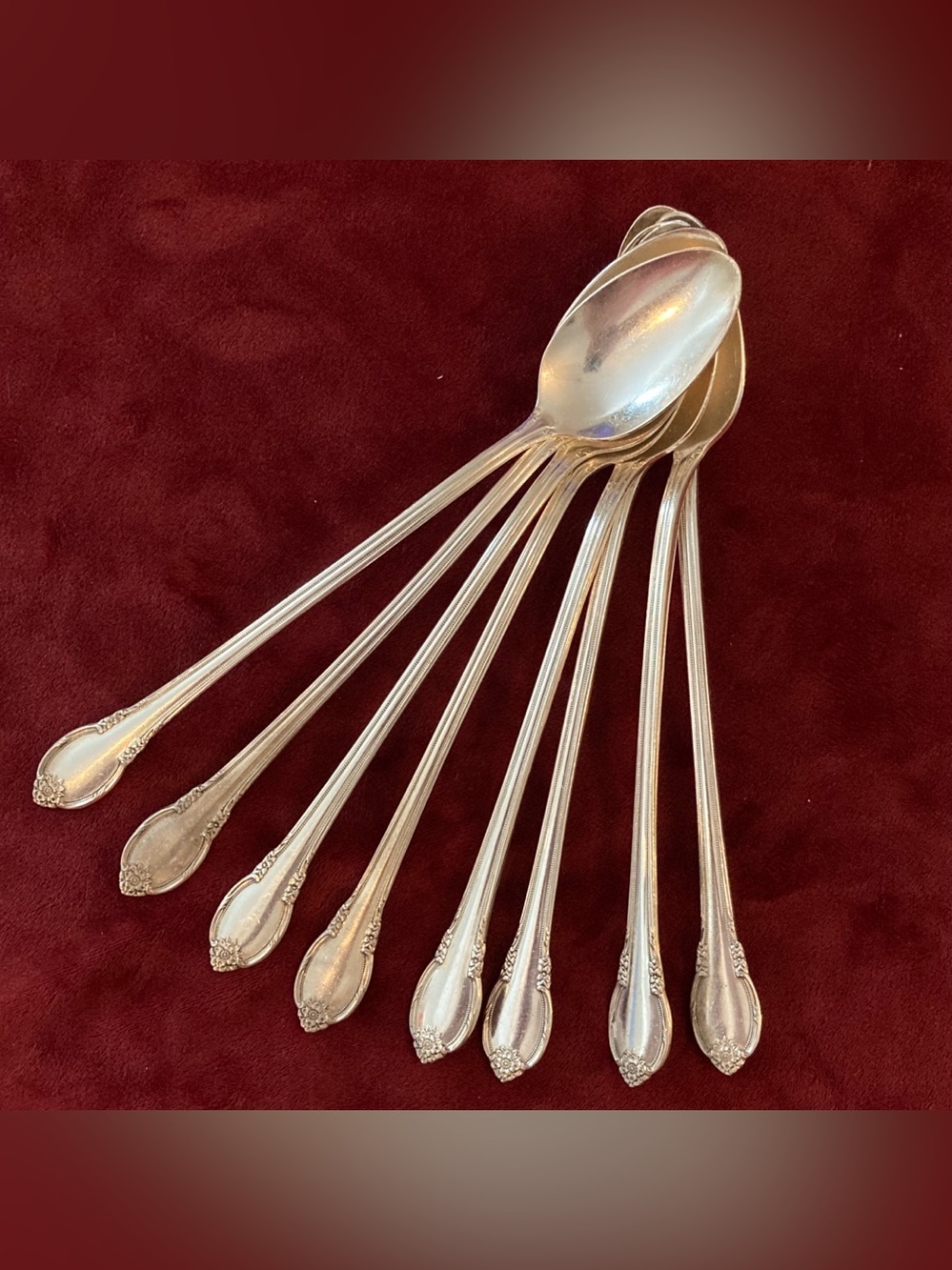 Set of 8 Silverplate Long Iced Tea Spoons 1847 Rogers Bros Remembrance Rose